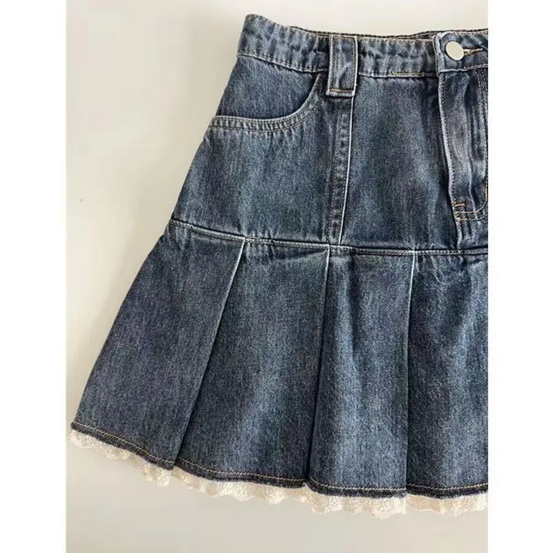 Chân Váy Denim Xếp Ly Ren Ngọt Ngào Hàng Mới Về Mùa Hè, Dành Cho Nữ, Cạp Cao, Chữ A Mỏng Vừa Vặn, Chống Lộ, Phong Cách 2024 4