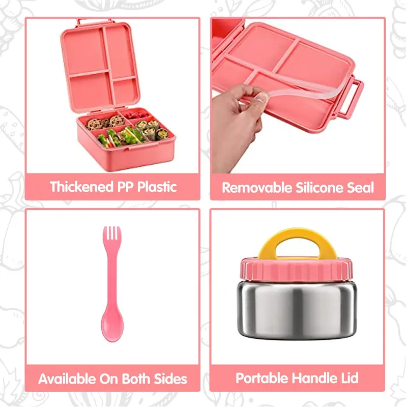 Cartoon Lunch Box with Soup Cup (1/2 Counts), Portable Bento Box with Insulated Bag, Stainless Steel Food Storage Container for Kids, Summer for Gift, Back To School Supplies, Halloween Gift 4