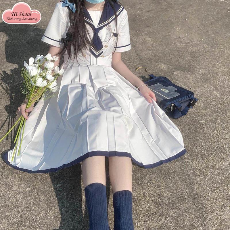 Váy Babydoll Cao Cấp Cổ Thuỷ Thủ Kèm Nơ Dáng Xoè Dễ Thương/ Đầm JK Nhật Bản Dáng Lửng Ngắn Tay Phong Cách Học Sinh H0033