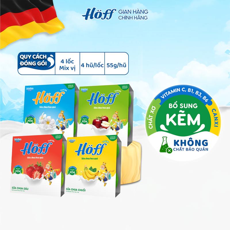 Sữa chua trẻ em Hoff 4 vị bổ sung men vi sinh hỗ trợ tiêu hóa 4 lốc (16 hộp x 55g) Cho Bé
