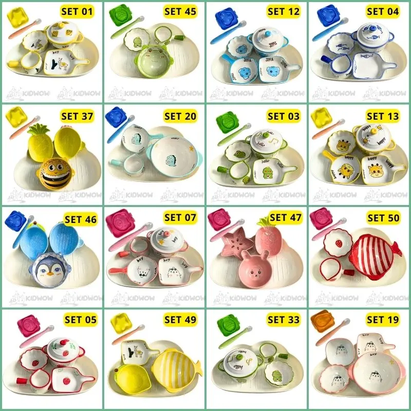 [TẶNG THÌA SILICON+ KHUÔN CƠM+ KHAY MÂY] Bộ Bát Sứ Ăn Dặm Cho Bé Siêu Đáng Yêu 0
