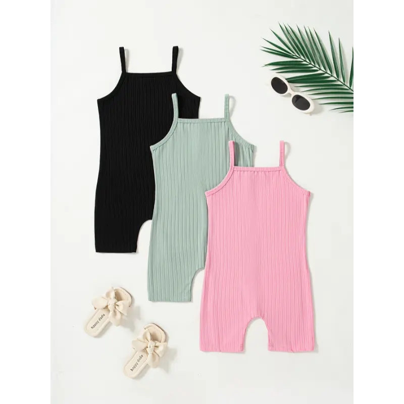 Summer Solid Color 3pcs Ribbed Cami Jumpsuit Set - Perfect for Outdoor Gift 4