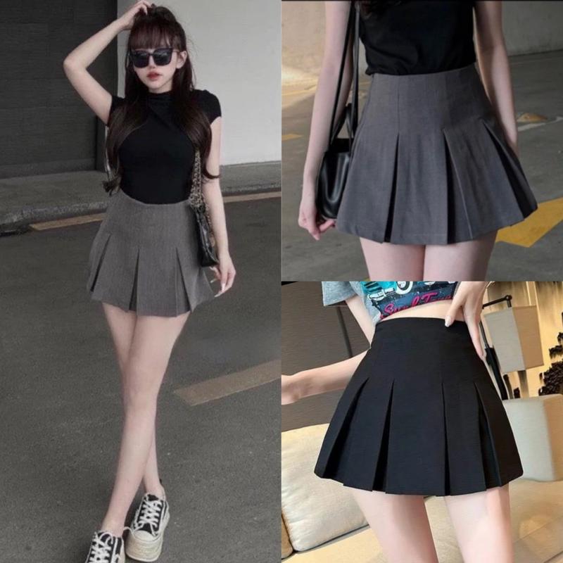Chân Váy Ngắn Xếp Ly To Kiểu Dáng Xòe Cạp Cao Màu Đen Xám Có Quần Trong Chân Váy Tennis Nữ Bản Ly To Ôm Eo khóa kéo tối giản