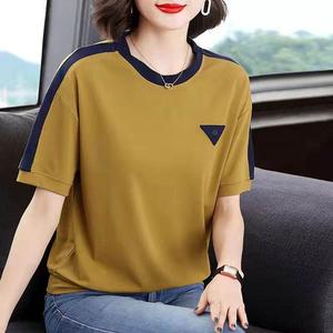 Free Shipping Korean New Round neck T-shirt for Women Short sleeve Plus size Loose Ins Stitching Raglan sleeve Trendy Casual Tops Female Tee Yellow Summer Bottoming Shirt