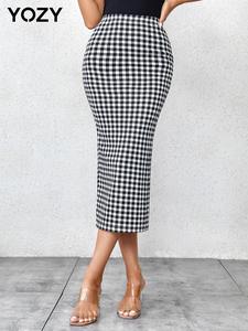 YOZY Women's Plaid Print High Waisted Midi Skirt, Gyatt Skirts, Elegant Fashion Comfort High Rise Bodycon Skirt for Daily Outdoor Wear, Lady Bottoms for Spring & Fall, Womenswear