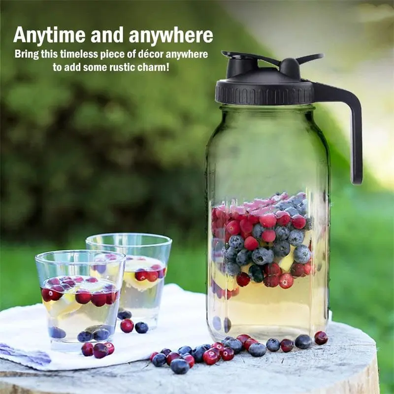 64oz Glass Mason Jar Pitcher With Pour Spout, 1 Count Cold Water Pitcher With Handle & Lid, Glass Jug For Cold Brew Coffee, Ice Beverage, Ice Juice, Lemonade 2