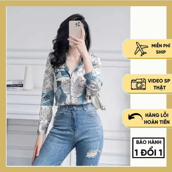Áo sơ mi nữ lụa hoạ tiết tờ báo xanh vàng