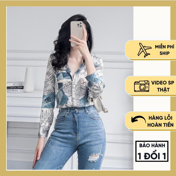 Áo sơ mi nữ lụa hoạ tiết tờ báo xanh vàng