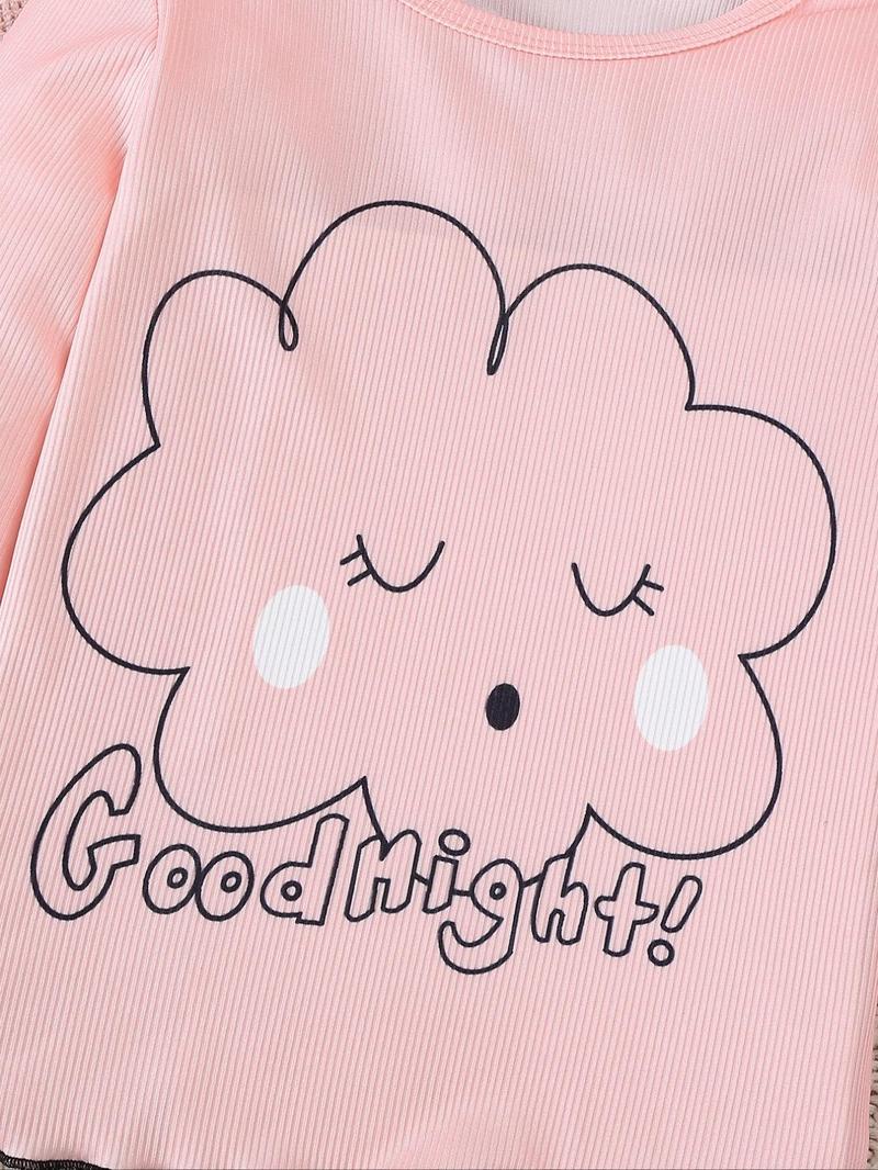 Product Introduction of Toddler Girl's Contrast Binding Lettuce Trim Tee & Pants Two-piece Set, Cute Casual Cartoon Cloud Print Long Sleeve Top & Heart Print Elastic Waist Trousers for Spring & Fall, Kids Clothes for Daily Wear 9