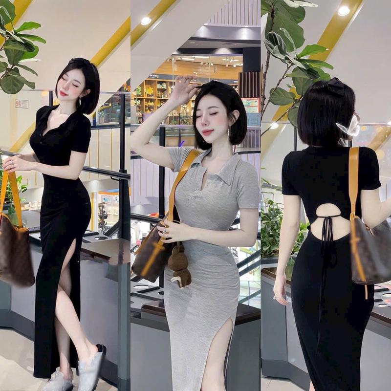 Đầm Body Dáng maxi Khoét lưng Cổ Đúc Có Cúc Phía dưới xẻ Thanh lịch - Thun Tăm lạnh Thời Trang22025 Nữ