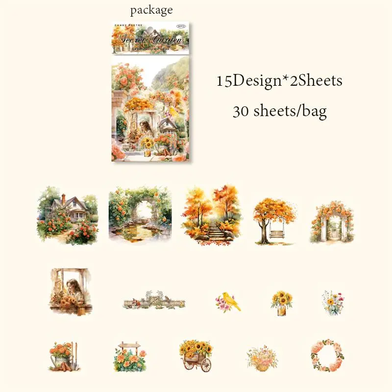 Vintage Flower & Car Pattern Sticker, 30sheets/pack Scrapbooking & Journal Making Material Paper, DIY Decorative Sticker For Stationery Computer Water Bottle, Stationery for Adults, Art Stickers 8