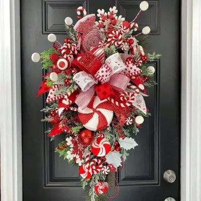 Winter Christmas Front Door Farmhouse Rustic Natural Wooden Snowflake Teardrop Swag red berries, Red factory Velvet Holiday Swag, Winter Teardrop