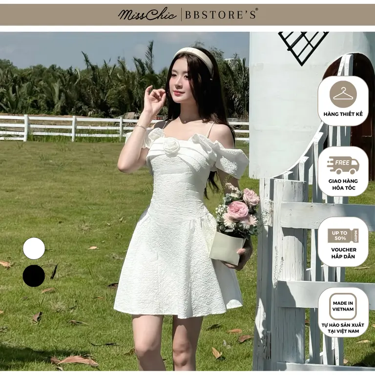 Đầm Ngắn Hai Dây Trễ Vai Đắp Vạt Kết Hoa Ngực Tùng Xoè Chất Xốp Dập Cao Cấp MissChic x BBSTORE'S - D4149A