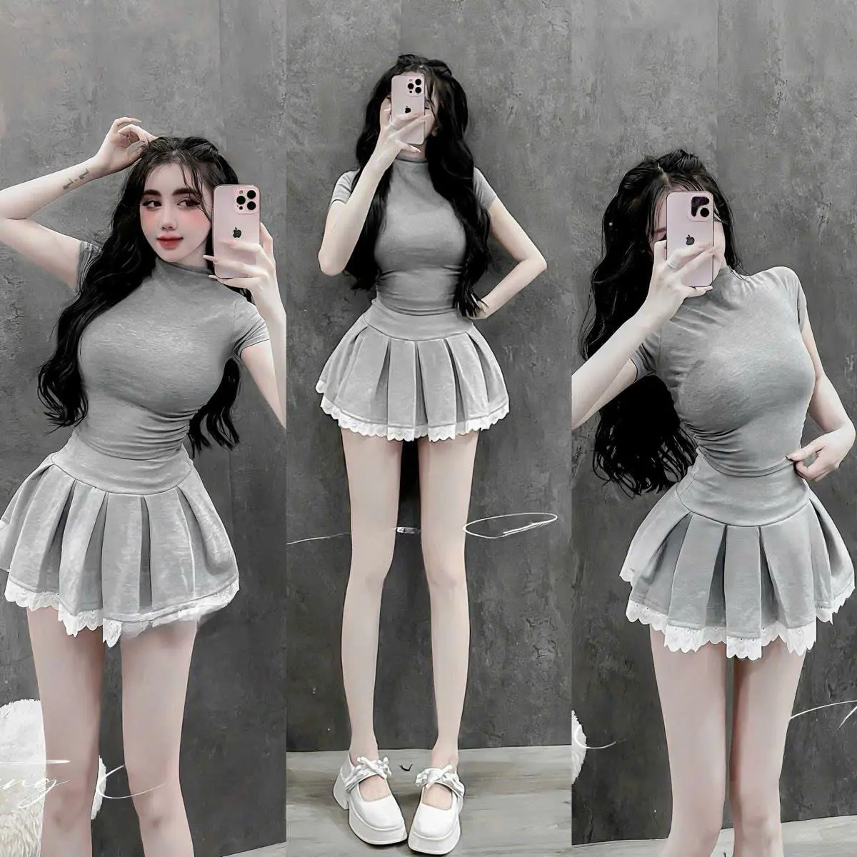 Set bộ nữ màu xám áo thun cổ lọ tay ngắn chân váy ngắn xếp ly viền ren thun gân MS0092 top women giặt bằng nước lạnh