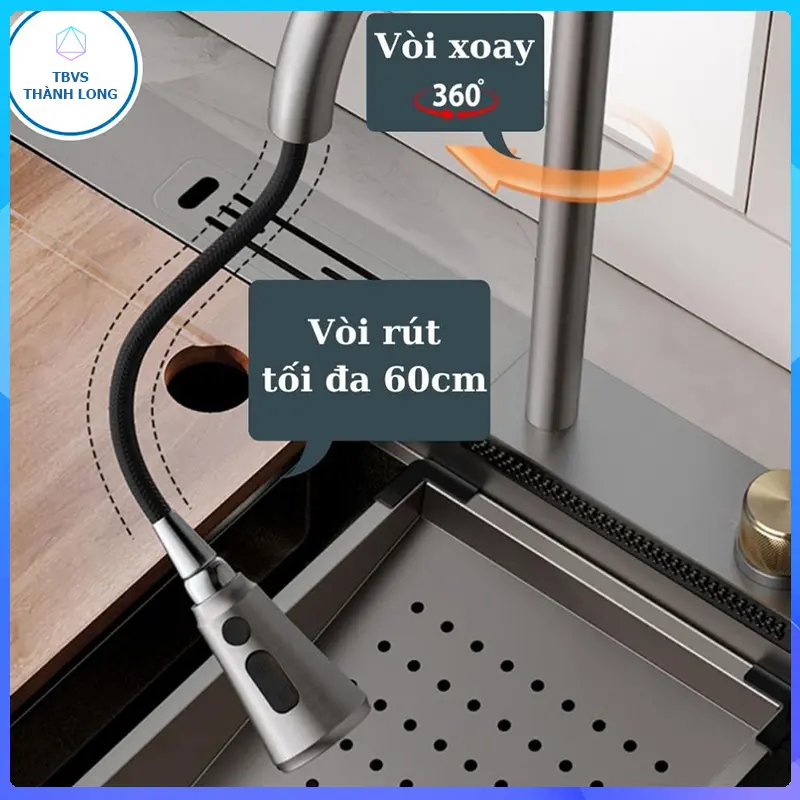 (7546 Cài Dao) Chậu Rửa Bát 1 Hố INOX 304 Phủ Nano, Bồn Rửa Chén 1 Ngăn Kèm Vòi Thác Nước - Màu Nano 8