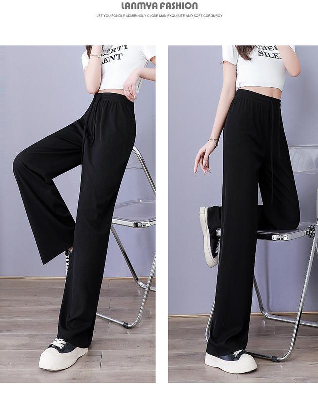 Product Introduction of Ice Silk Wide-Leg Pants Women's 2024 Summer Thin High Waist Drooping Slim Anti-Mosquito Casual Loose Straight Mop Trouser Womenswear Bottom Lingerie 26