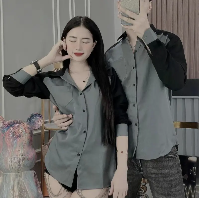 Áo sơ mi nam nữ tay dài thiết kế tay phối màu sang trọng chất lụa mềm mịn thoáng mát mẫu mới hót trend_kenkhang77 Menswear Shirt Có Cổ 0
