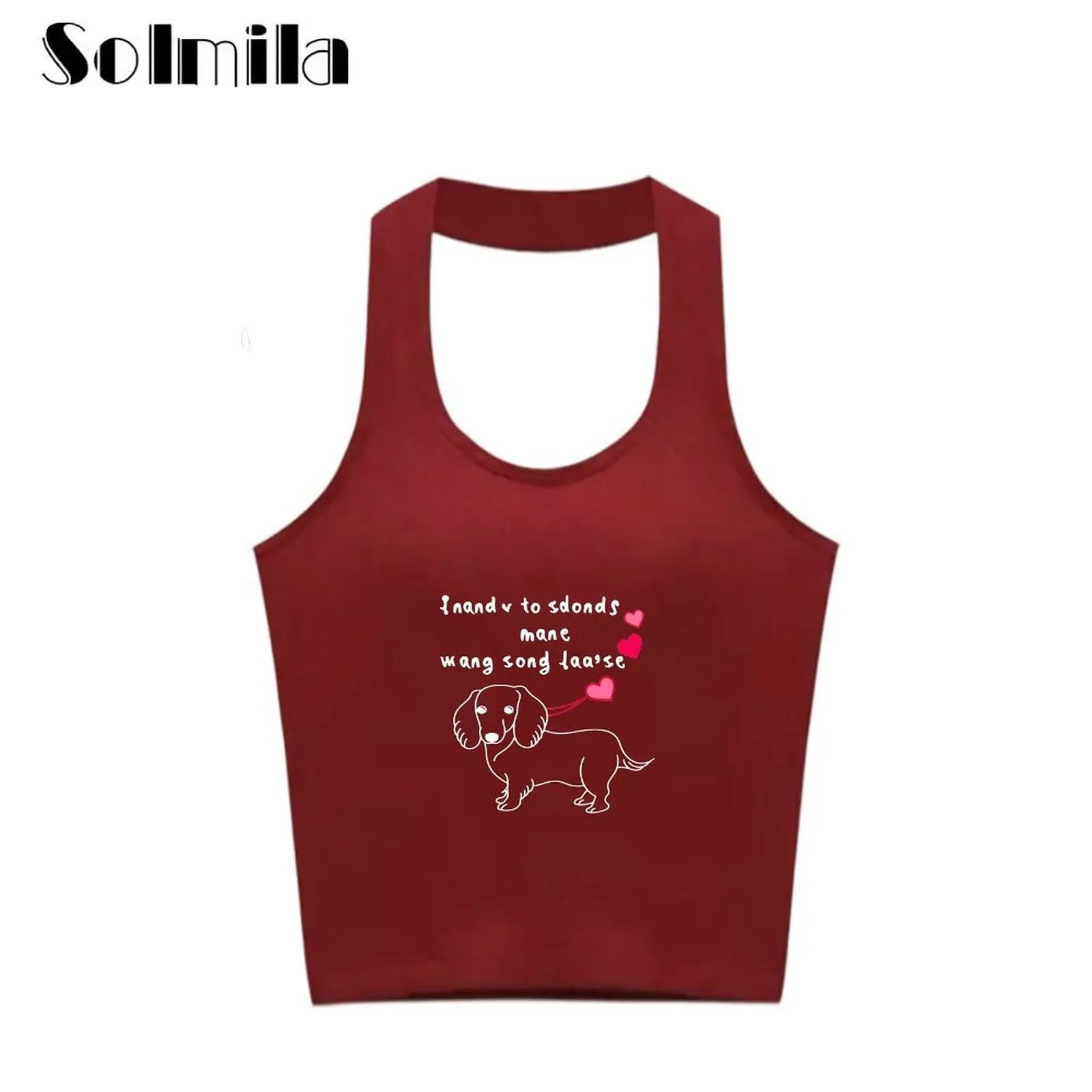 ✨X-fashion✨Summer Women Transparent For Puppy Print Red Halter Sleeveless Stretch Vest