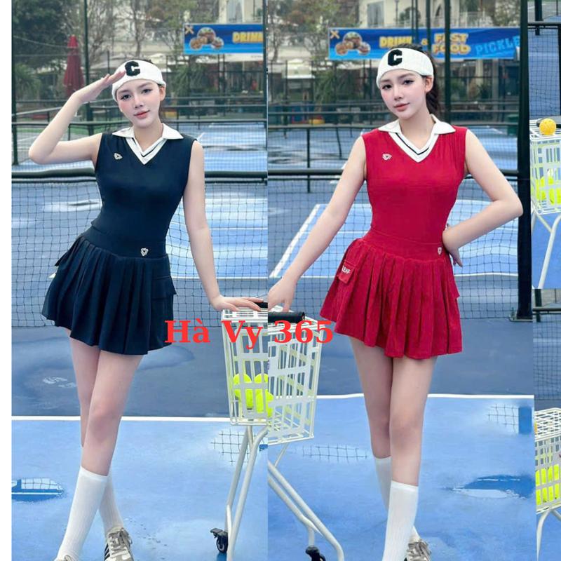 Bộ tập pickleball nữ, áo sát nách dài mix chân váy cạp cao tập pickleball, tennis, cầu lông, golf thể thao đi biển dều đẹp