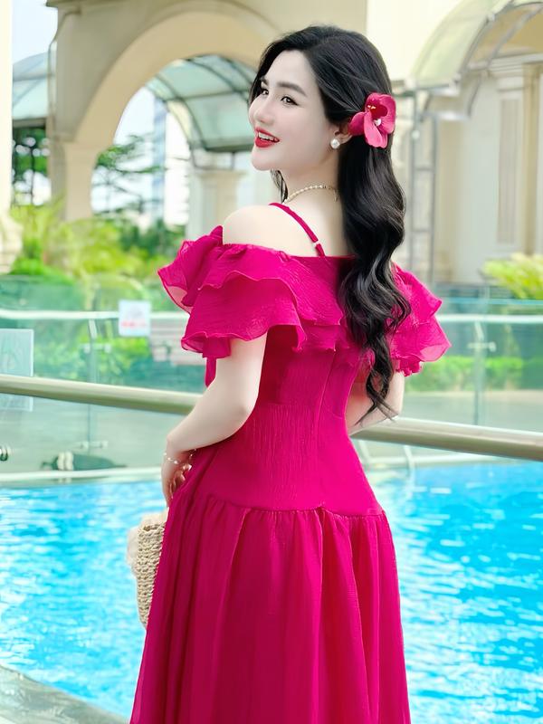 [MIỄN SHIP] MDU4122 Váy Tơ Vân Hàn 2 Lớp - Thiết Kế Dáng Xòe Thanh Lịch Dành Cho Nữ Women Màu Hồng Dress 3