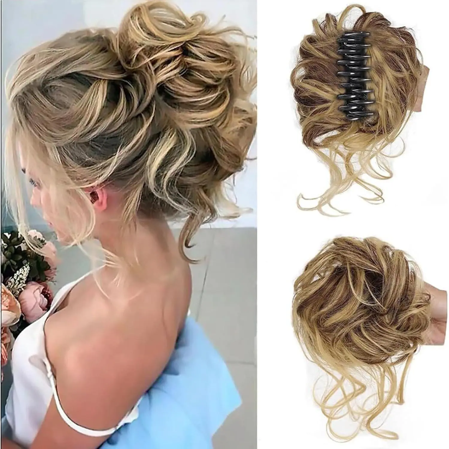Claw Clip  Bun Hair Piece Wavy Curly Hair Chignon Clip in Hairpieces Elastic Hair Bun Synthetic Extensions Tousled Updo Ponytail Donut Updo Scrunchy Curly Hairpieces for Women (C)