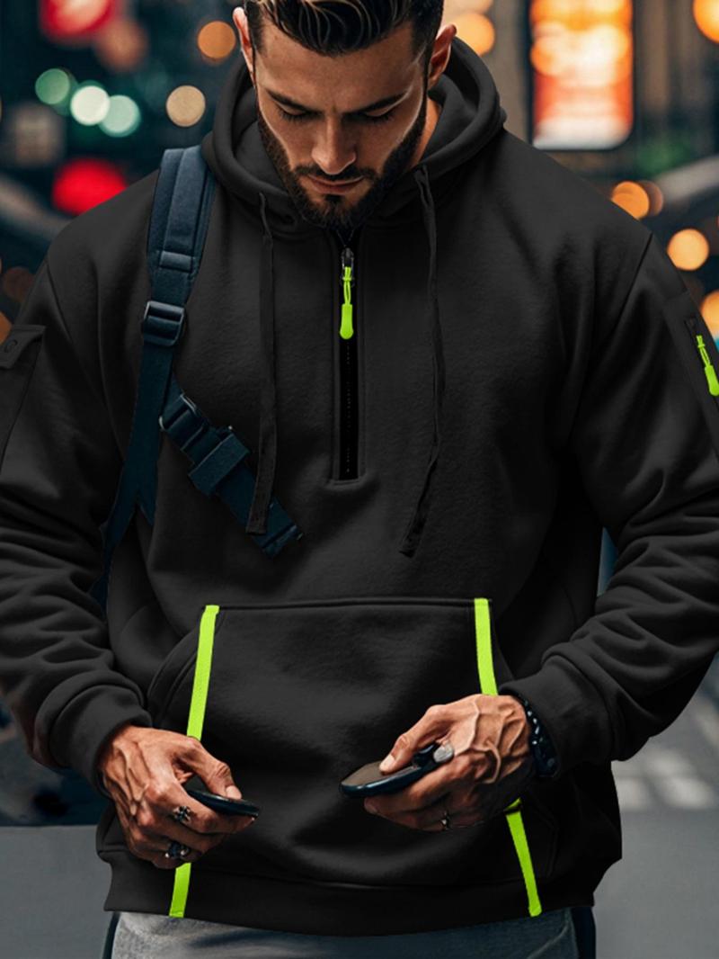 Product Introduction of Men's Colorblock Half Zipper Hoodie Top, Casual Regular Fit Long Sleeve Drawstring Pocket Hooded Top for Spring & Fall, Fashion Men's Clothes for Daily Wear 8