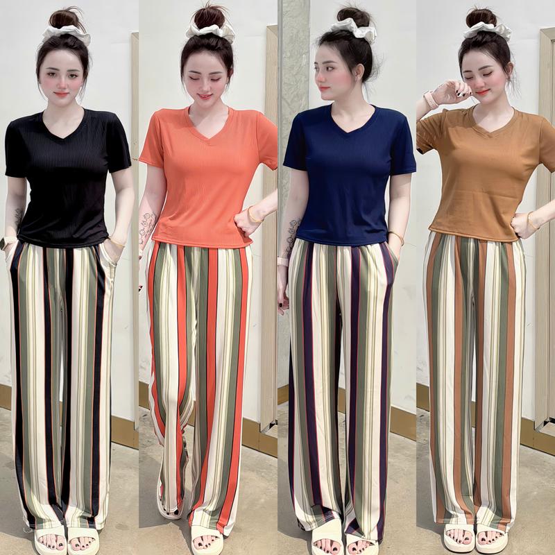 set đồ bộ thun gân mặc nhà áo cổ tim ao tay ngắn, thuận tiện cho mọi hoạt động cho chị em phụ nữ Top