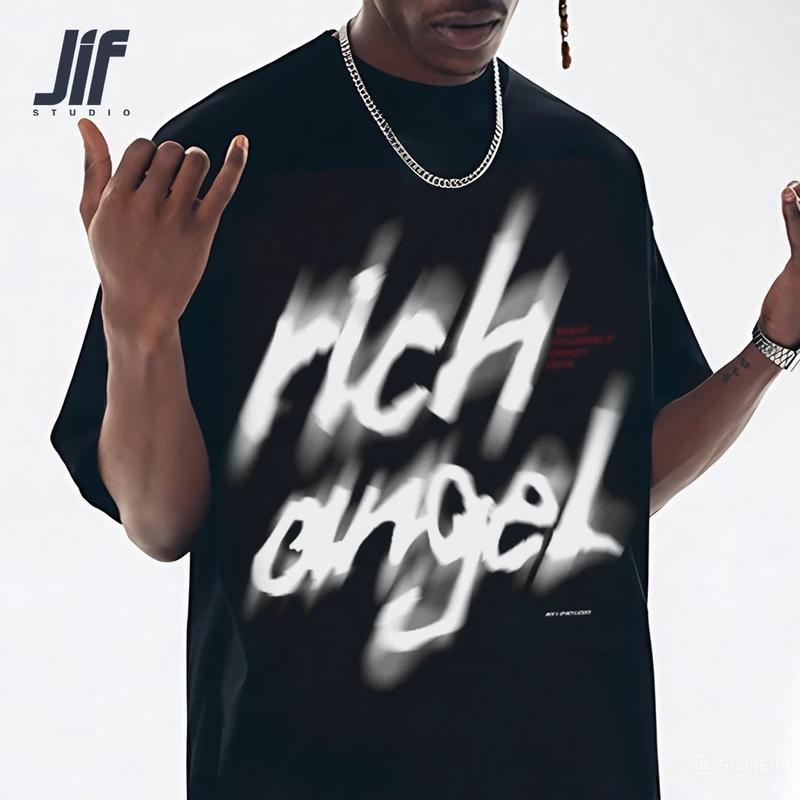  Áo thun Lif Studio Local Brand Unisex in chữ blur Rich angel cartoon Cotton 250gsm  form rộng Oversized Tay lỡ Top Menswear Cổ Tròn áo  thun 