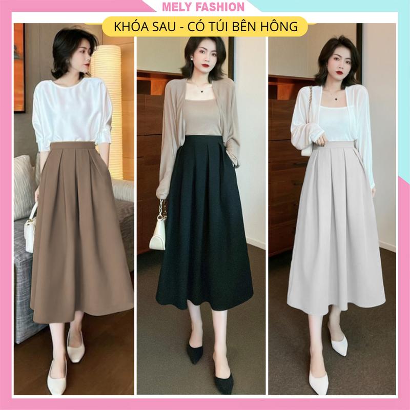 Chân váy xếp ly xòe dáng dài Midi công sở có túi phong cách sang chảnh trẻ trung đi làm đi chơi Màu Đen Nâu Kem Women Mely Fashion CV51