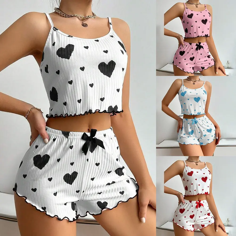 Women Home wear Heart print Suspenders Shorts Casual Pajamas Suits