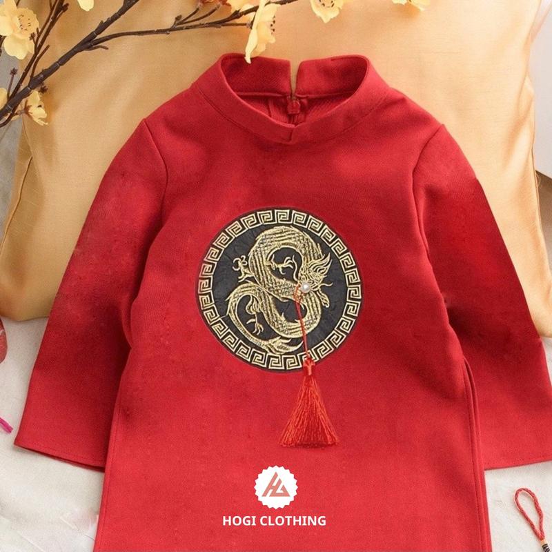 Áo dài bé trai Hogi màu đỏ thêu rồng tròn chất liệu nhung chéo cao cấp, áo dài tết đủ size - Hogi clothing 2