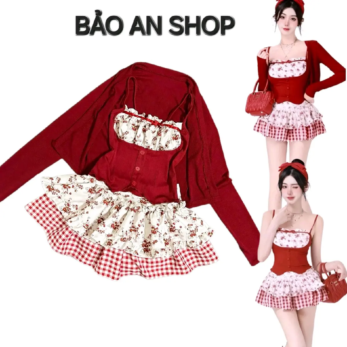 [SB27] Sét bộ nữ áo 2 dây hoa và chân váy 2 tầng phối Hoa lưng thun Voan Women Chun Nữ Voi sét  váy đỏ Top
