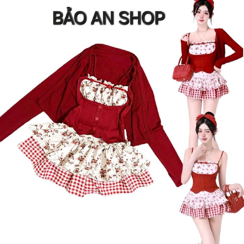 Bảo An Shop - [SB-58] Sét Đồ Nữ Áo 2 Dây Hoa & Váy 2 Tầng Phối Hoa Lưng Thun Voan Women Chun Nữ Voi Sét Váy Đỏ Top Chất Liệu Kate Mềm Mại Free Size Dưới 54kg