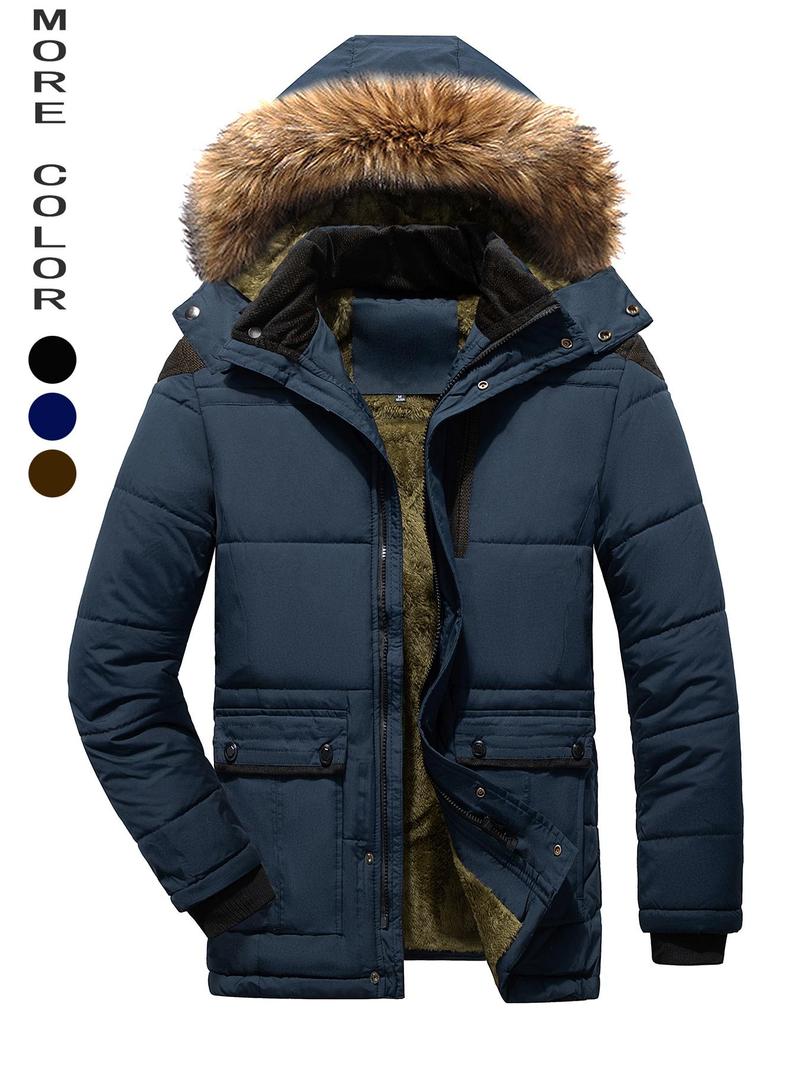 Product Introduction of Men's Contrast Faux Fur Trim Pocket Hooded Thermal Jacket, Regular Fit Casual Long Sleeve Button Front Warm Outerwear for Winter, Men's Clothes for Daily Wear 6