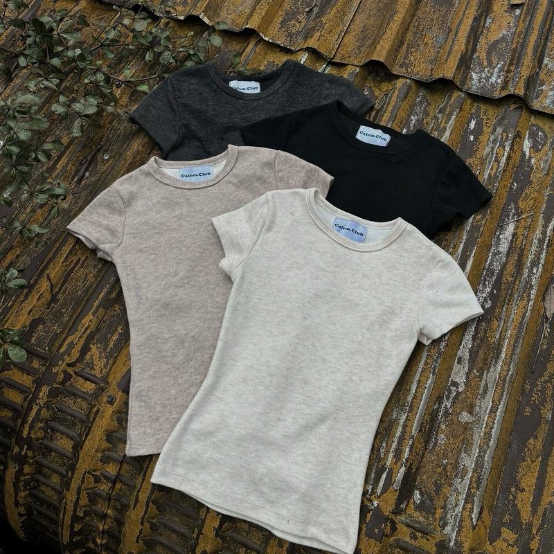 Calem Club -FORM NHỎ - Áo thun ôm nữ Basic chất len tăm thỏ co giãn nhẹ tôn dáng phong cách Y2K áo ôm body nữ ngắn tay cổ tròn