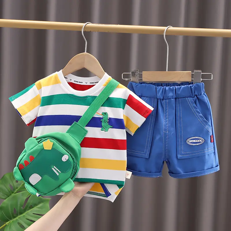 Tas Dino Setelan Baju Anak Laki-Laki Garis Dino Tas Motif Dino Celana Pendek GRATIS FREE TAS DINO Fashion setelan  anak korea import Kemeja 3