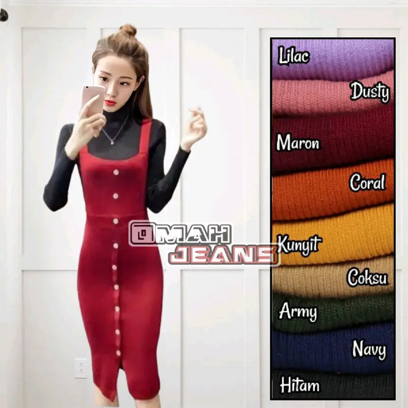 Overalls rok rajut  variasi kancing depan Gaun casual santai elegan oversize Wanita panjang sekitar lutut Brown 2