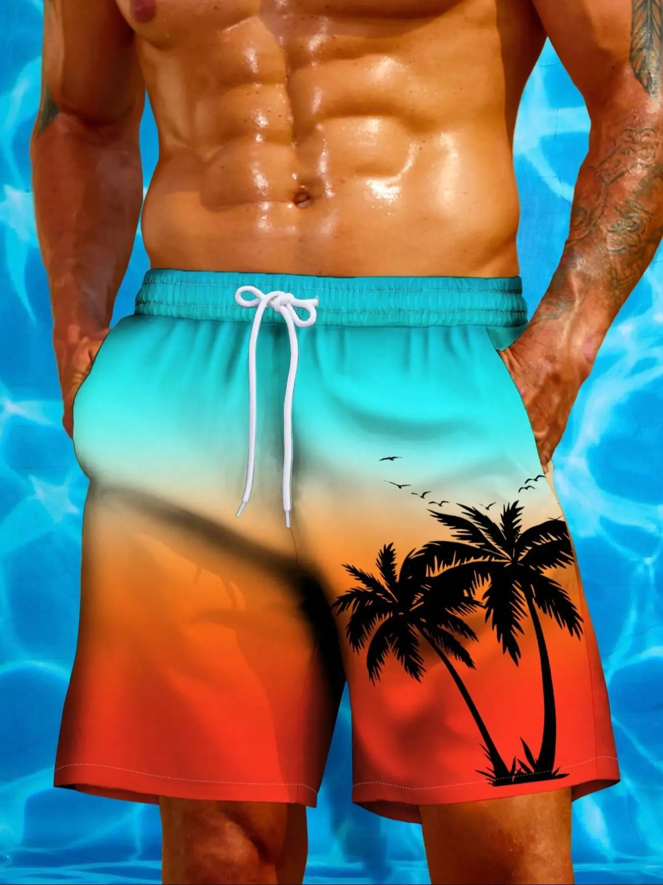 Men's Ombre & Coconut Tree Print Drawstring Waist Shorts, Casual Pocket Design Beach Shorts, All Seasons Regular Fit Bottoms for Men