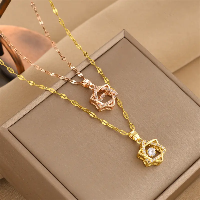 New Six-Pointed Star Heart Shape Clavicle Necklace Female Pulsatile Heart Pendant Titanium Steel Necklace Female Accessories