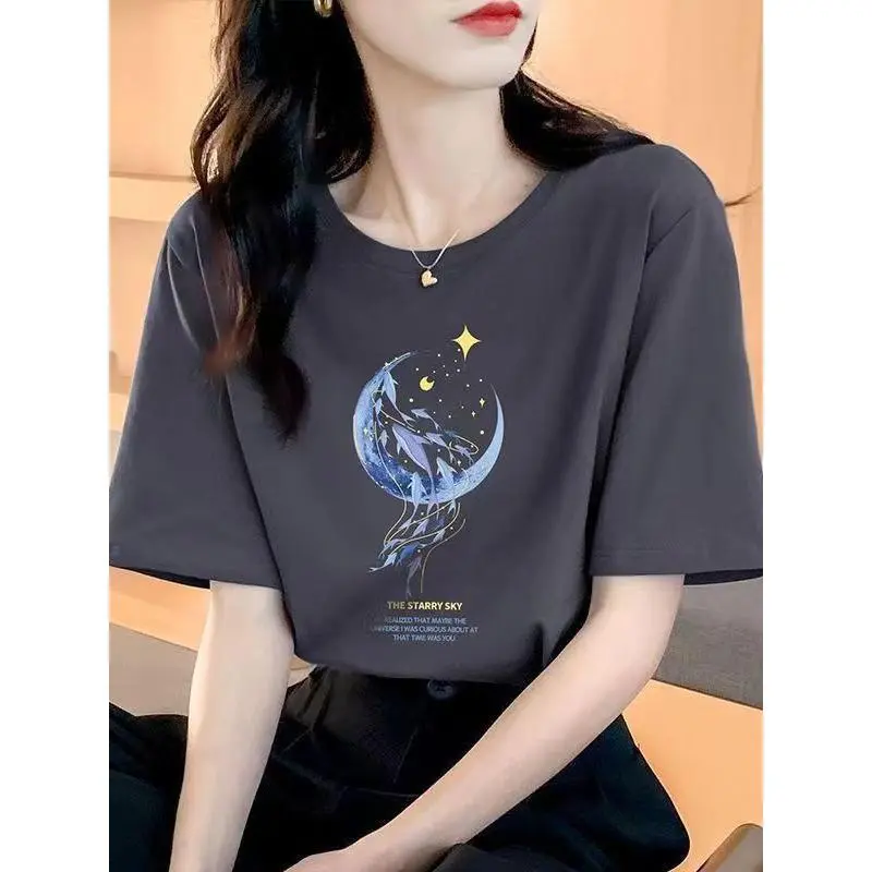 Áo Phông Tay Áo Ngắn, Dáng Rộng Vừa Vặn, Làm Bằng Cotton Nguyên Chất, Trang Phục Mùa Hè Của Phụ Nữ, Hàng Mới Về, Áo Đẹp, Thiết Kế Đẹp, In Hình, Tay Lửng, Cổ Tròn, Thích Hợp Cho Mùa Hè
