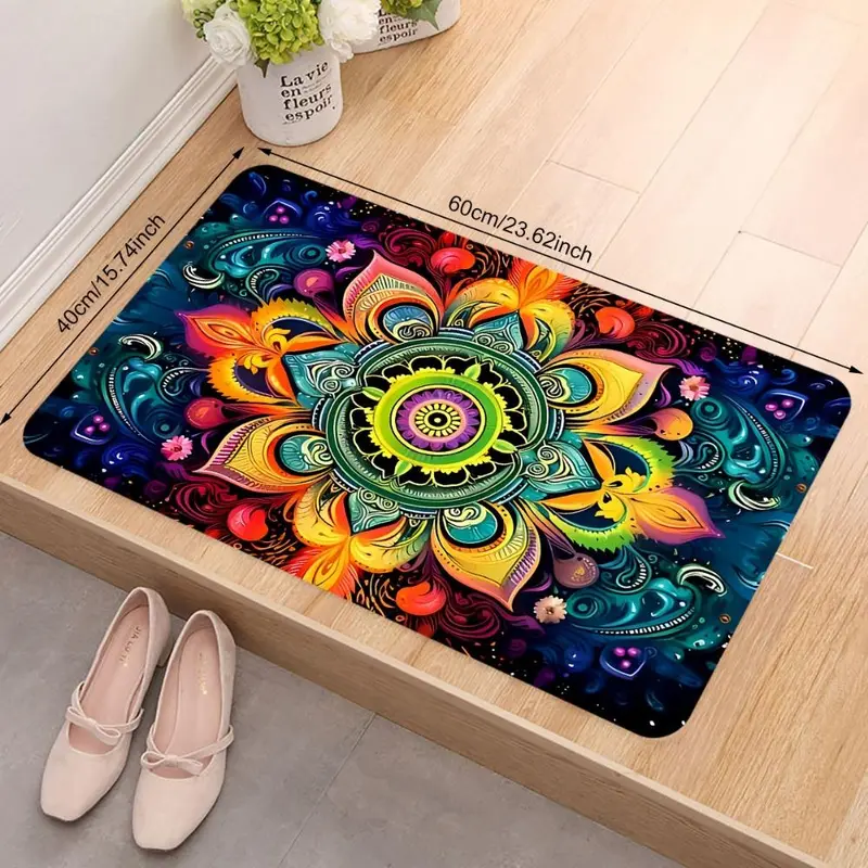 Floral Pattern Non-slip Floor Mat, Mandala Design Lightweight Washable Door Mat, Decorative Carpet for Home Living Room Bedroom Kitchen 4