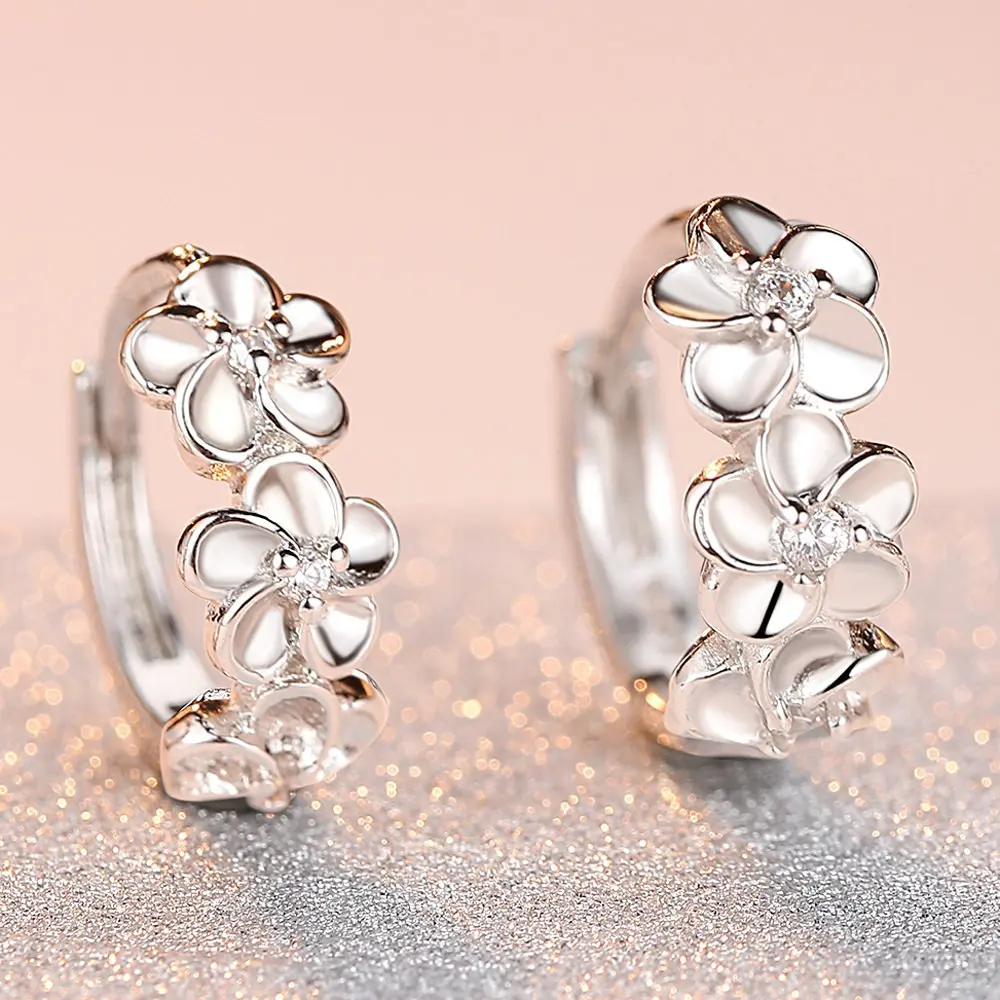 Silver-Plated Flower Earrings, High-End Fashion Camellia Ear Clips, Fresh Small Hoop Earrings