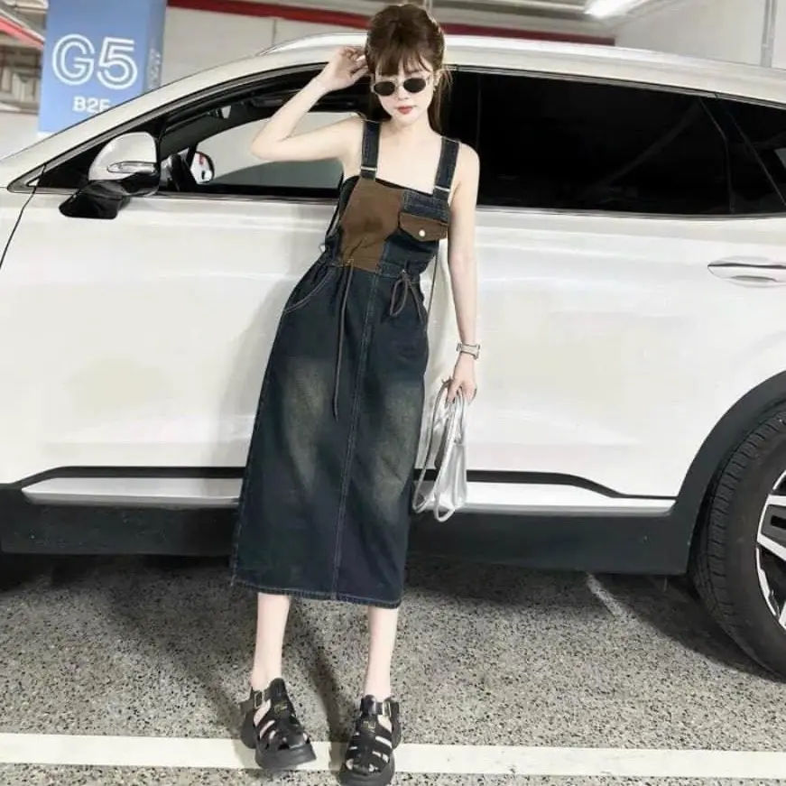 Yếm jean dáng váy dài dây rút eo style năng động cute