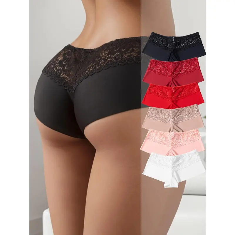 6 Pieces Lace Stitched Boy Shorts, Soft and Comfortable Stretch Panties, Women's Underwear and Underwear 0