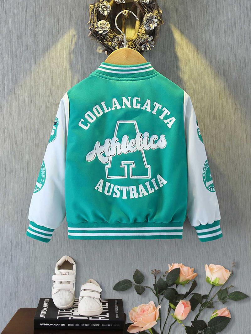 Product Introduction of Boy's Letter Print Baseball Collar Jacket, Casual Loose Fashionable Varsity Jacket for Daily Outdoor Wear, Kids Clothing for All Seasons, Athletic 1