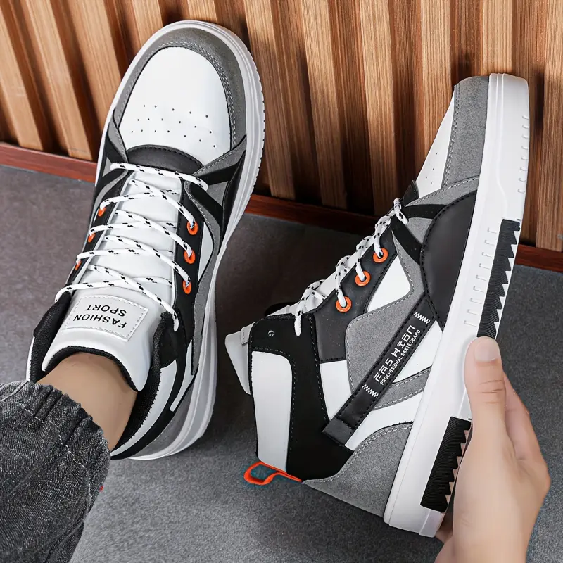 Men's Fashion High-Top Skate Sneakers - Stylish Color Block with Thick Sole, Casual Lace-Up Running Shoes with Letter Print, Durable EVA & Fabric, All-Season Outdoor Footwear, Outdoor Sneakers|Modern Hightops|Pu Upper Sneakers 3