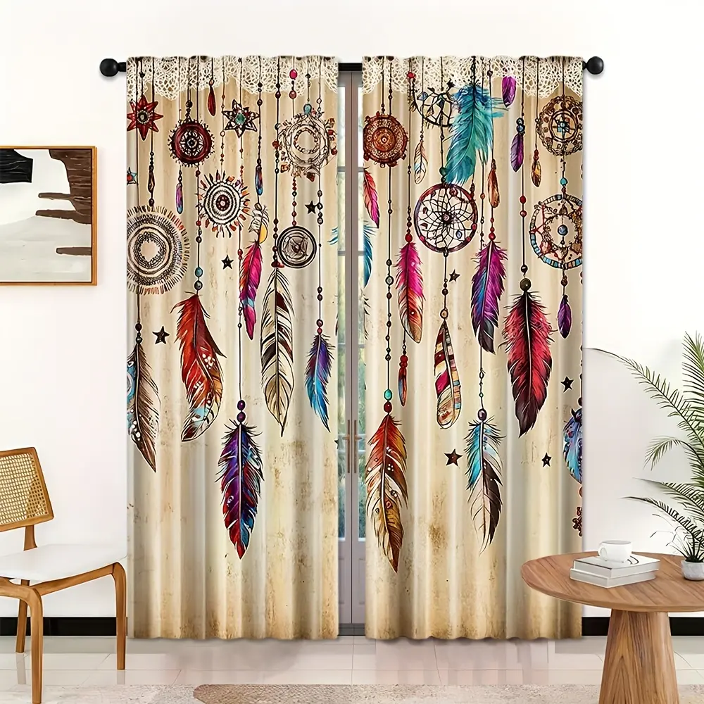 2pcs Boho Feather Print Rod Pocket Curtains, Vintage Native American Indian Style, Machine Washable Polyester, Unlined, All-Season, Fashion Theme for Bedroom, Living Room, Office Decor, Suitable for Valentine'S Day, Easter, St. Patrick'S Day, Ramadan, Mot