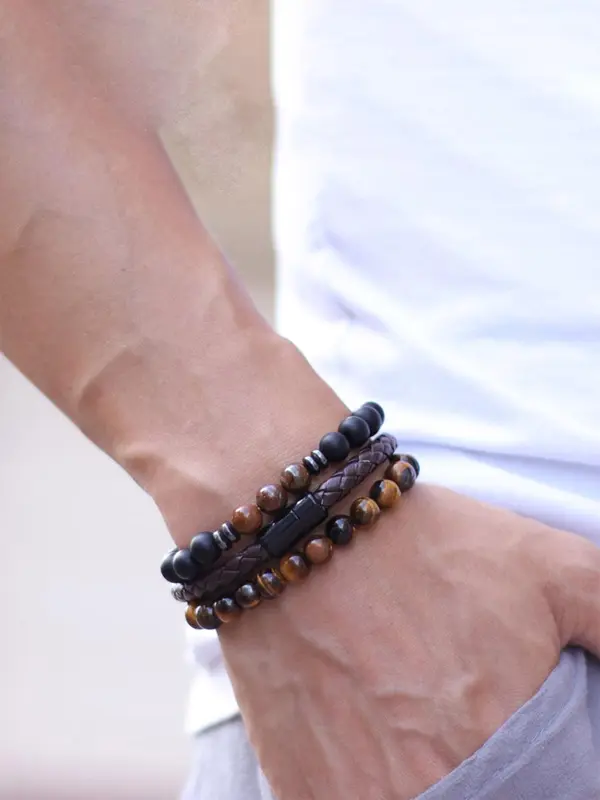 Men's Vintage Beaded & Braided Bracelet, Fashionable Black Onyx Bracelet for Men, Casual Trendy Accessories for Party, Daily Decor 5
