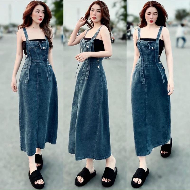 ￼Yếm Váy Jean Dài Chất Bò Phối Túi Kiểu Trước Ngực, Yếm Đầm Bò Nữ Phong Cách Hàn Quốc Cực Xinh Women