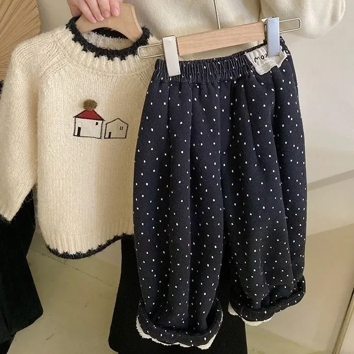 Bộ Đồ Thu Đông Cho Bé Gái, Phong Cách Phương Tây, Áo Len Dày, Phong Cách Hàn Quốc, Độn Nhung, Quần Thường Ngày Bộ Đồ Hai Mảnh, Thời Trang, Hàng Mới Về Năm 2024, Thích Hợp Cho Bé Gái Thun Heo 1